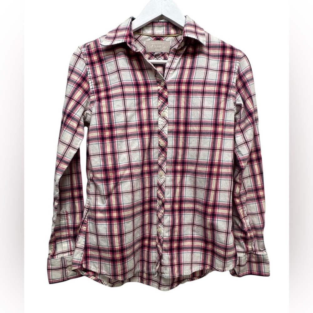 Banana Republic Soft Wash Pink & Black Yellow Plaid Button-Up Shirt Women's XS